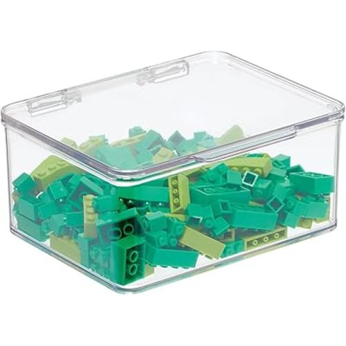 mDesign Plastic Playroom/Gaming Storage Organizer Box Containers, Hinged Lid for Shelves or Cubby, Holds Small Toys, Building Blocks, Puzzles, Markers, Lumiere Collection, Clear