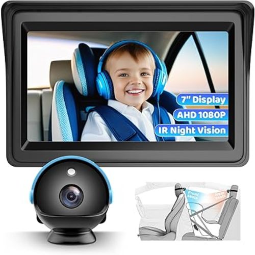 Car Camera for Baby, 7” 1080P HD Screen Baby Car Camera with IR Night Vision, 360° Rotating Adjustable Cam for Rear Facing Seat Backseat, Plug and Play Easy Install (Blue)