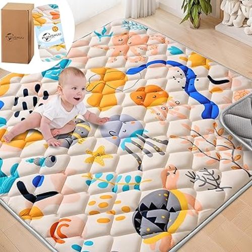 Baby Play Mats for Floor, Playpen Mat for Babies, Extra Thicker & Soft Floor Crawling Mat, Foldable Non-Slip Playmat Cushioned for Infants Toddlers (Marine Life, 50x50 Inch)