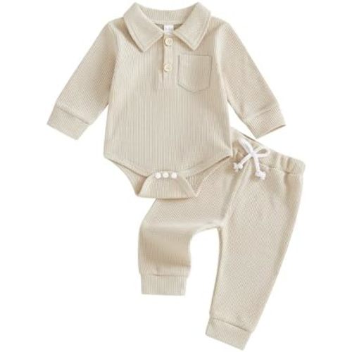 Newborn Baby Boy Clothes Solid Waffle Knit Long Sleeve Button Up Collared Romper Long Pants Set Fall Winter Outfits