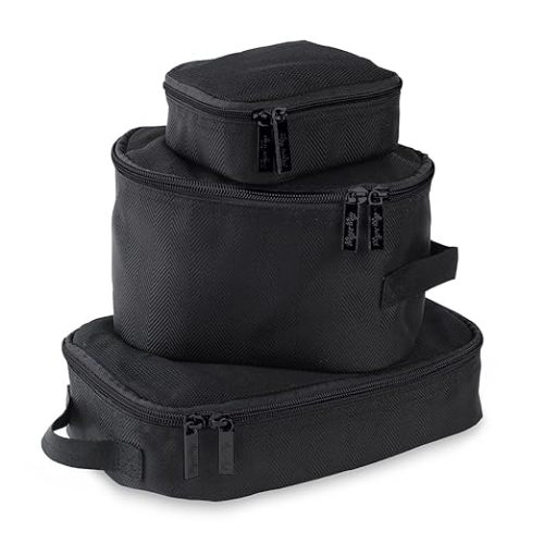 Itzy Ritzy Packing Cubes for Travel – Set of 3 Packing Cubes or Travel Organizers – Each Cube Features a Mesh Top, Double Zippers and a Fabric Handle (Black with Black Hardware)