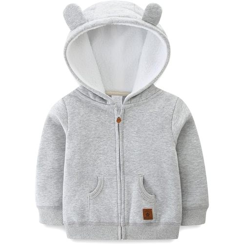 Baby Hoodie Sherpa Lined Zip up Light Fleece Jacket Solid Bear Coat Fall Winter 3-24 M