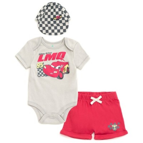Disney Cars Lightning McQueen Newborn Baby Boys Bodysuit, Shorts and Baseball Cap 3 Piece Outfit Set Red / Gray 6-9 Months
