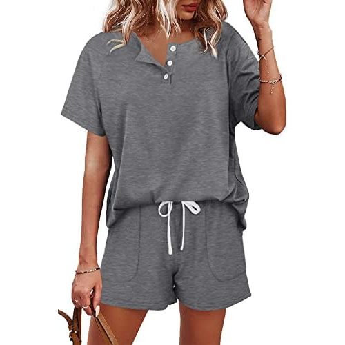 WIHOLL Two Piece Outfits for Women Lounge Sets Button Down Top and Shorts Set Sweatsuits with Pockets