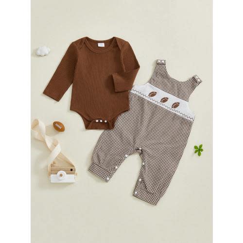 Baby Boy Fall Outfits Solid Ribbed Long Sleeve Romper And Rugby Embroidered Plaid Overall Pants 2 Pcs Set | SHEIN USA