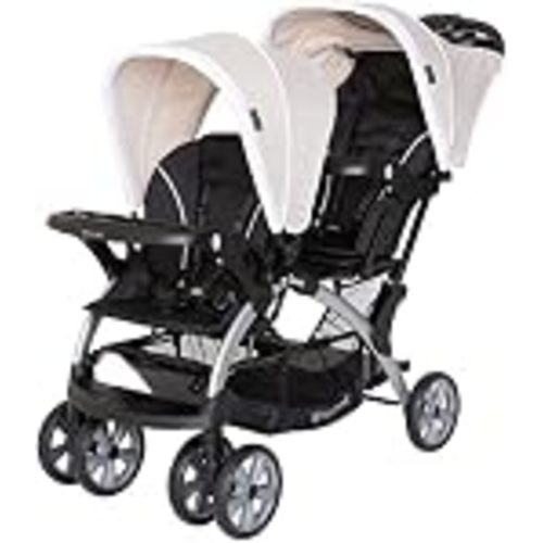 Baby Trend Sit N' Stand Double Infant/Toddler Stroller with Harness, Khaki | Storage Basket for Family Outings, Neighborhood Walks, Daily Errands, Travel Days, Everyday Use & Flexible Child Seating