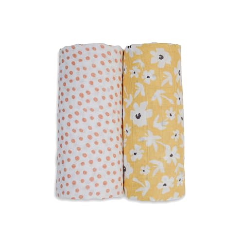 Lulujo Baby Swaddle Blankets | Unisex Softest Breathable Cotton Muslin Swaddle Blanket Set | Neutral Receiving Blanket for Girls & Boys | 40in x 40in | Yellow Wildflowers & Dots | 2-Count