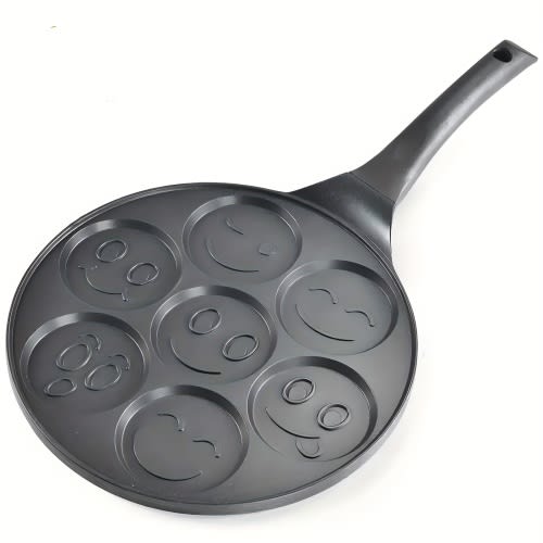 7-Hole Non-Stick Pancake & Egg Breakfast Grill - Heavy-Duty Aluminum Alloy Round griddle pan with Non-Stick Surface, Dishwasher Safe, Even Heat Distribution for Crepes, Bacon, French Toast - Compact Morning Cooking for Family & Guests - Fun Smiling Face &