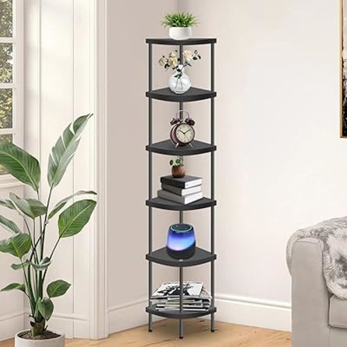 6 Tier Corner Shelf Stand, 66” Tall Corner Bookshelf Multipurpose Shelving Unit, Plant Stand Display Rack Home Organizer Shelves for Bedroom Living Room, Black