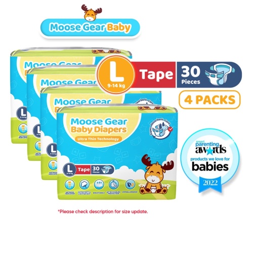 Moose Gear Baby Tape Diaper LARGE 120pcs (4PACKS) Super Absorbent No Leaks (NEW & IMPROVED)