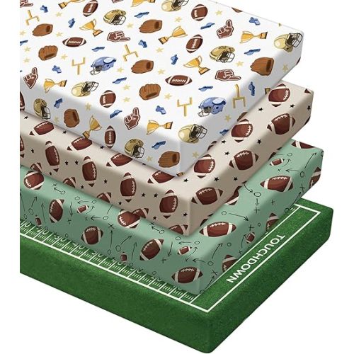 VitalCozy 4 Pcs Football Crib Sheet Set Newborn Bedding Nursery Baby Sheets for Girl Boys Baby Gifts for Standard Crib and Toddler Mattresses, 52 x 28 x 8 Inches