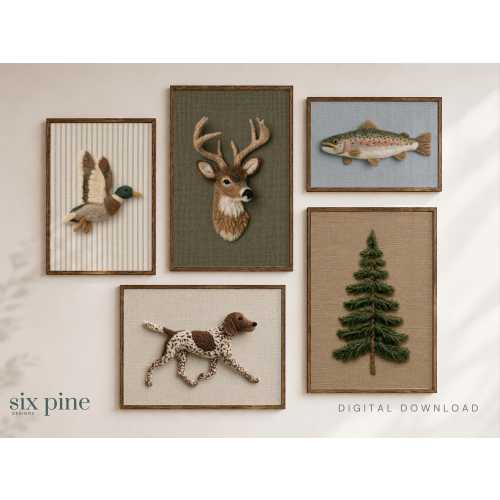 Hunting Fishing Nursery Gallery Wall Set |  Deer, Mallard, Trout, Hunting Dog & Pine Tree | Rustic Boy Wall Art | DIGITAL DOWNLOAD