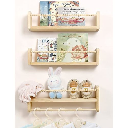 Nursery Floating Shelves for Wall, Set of 3 Book Shelves Natural Wood Wall Mounted Organizer with Towel Bar Hanging Bookshelves Nursery Decor for Kids Room, Bedroom and Kitchen