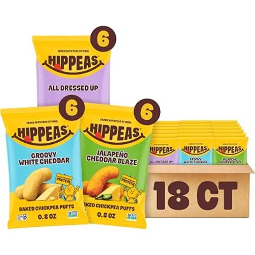 Hippeas Chickpea Puffs, Variety Pack, Groovy White Cheddar, Jalapeño Cheddar, All Dressed, 18 x 0.8 oz, Baked Crunchy Chickpea Snacks, 3g Plant Protein, 2g Fiber & 50% Less Fat, Dairy & Gluten Free
