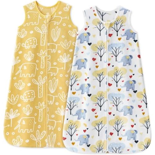Fleece Baby Sleep Sack 0-6 Months 1.0 Tog Baby Wearable Blanket Microfleece Sleeping Sack with 2-Way Zipper for Newborn Infant Yellow & White Elephant