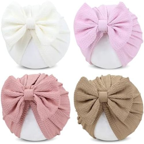 Cinaci 4 Pieces Baby Girls Turban Hats with Bow Newborn Hospital Caps Bonnets Beanies Headwraps for Infants Toddlers