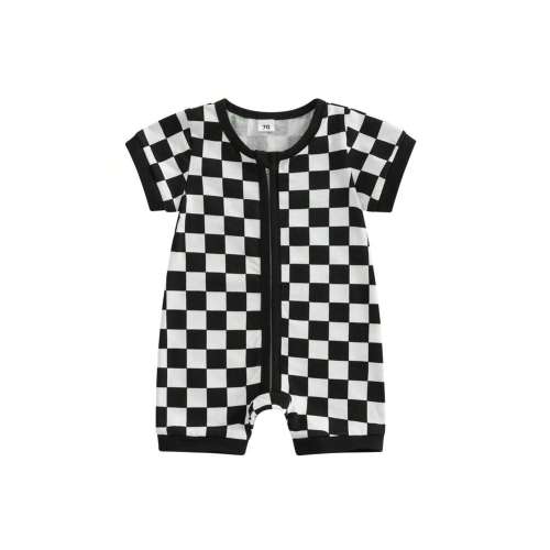 Baby Boy Summer Romper Checkerboard Print Short Sleeve Round Neck Zipper Front Jumpsuit | SHEIN USA
