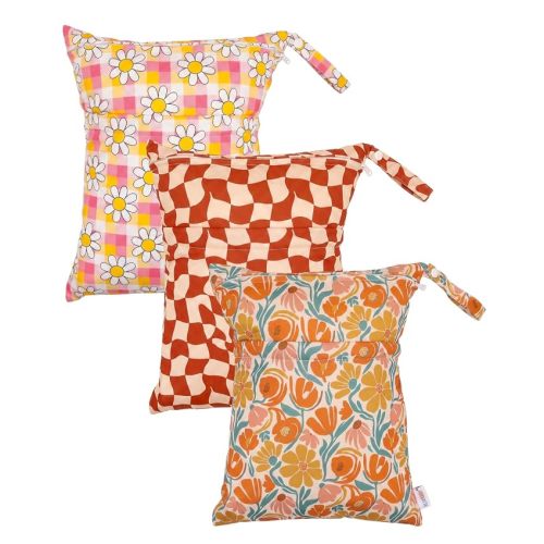 ALVA 3 Pack Wet Dry Bags for Cloth Diapers, Swimsuits & Gym Clothes, Waterproof Reusable Baby Diaper Bag with 2-Zippered Compartments, Hanging Strap, Machine Washable, Medium for Dayca