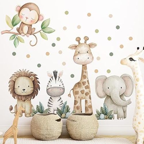 Safari Animals Nursery Wall Decal, Peel and Stick Nursery Mural Jungle Animals Lion, Elephant Wall Stickers for Kids, Boys and Girls Room, Bedroom & Toddler Room Decor (Boho Animal Dot Decals 59)