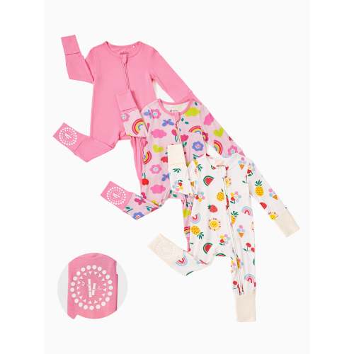 Bamboo Baby Boy / Girl 3-Pack Solid&Rainbow Printed 2-Way Zipper Anti Slip Long-sleeve Footie Pink