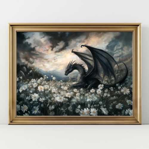 Fantasy Dragon Wall Art Print, Gothic Dragon in Flower Meadow Painting, Mythical Creature Artwork, Dark Fantasy Home Decor