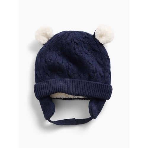 Baby Sherpa-Lined Cable-Knit Bear Beanie