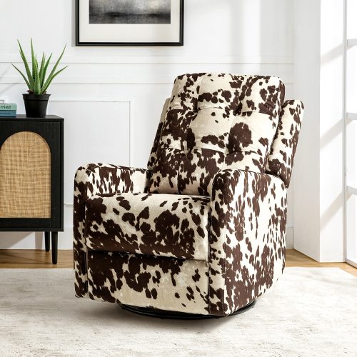 Arlette Modern Cow Print Manual Swivel Rocking Recliner with Tufted Ergonomic Segmented Backres and Angle Adjustment Button