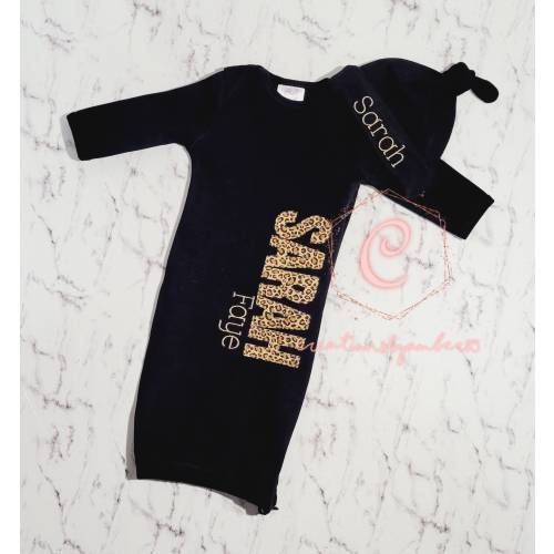 Leopard print name gown | Baby gown | Leopard name gown | Embroidered leopard name gown and hat | applique name gown | coming home outfit