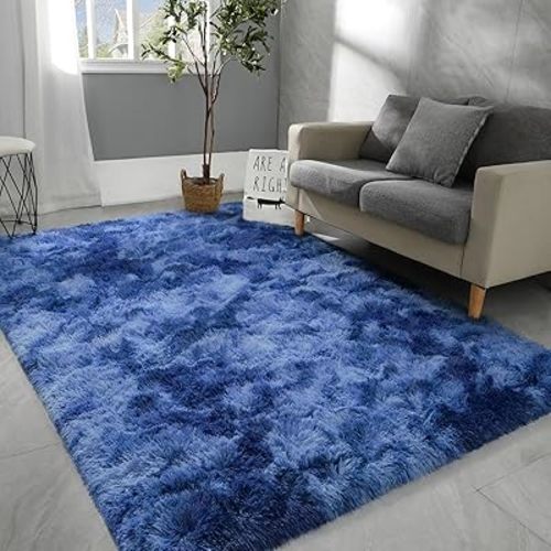 Hutha 4x6 Large Area Rugs for Living Room, Super Soft Fluffy Modern Bedroom Rug, Tie-Dyed Navy Blue Indoor Shag Fuzzy Carpets for Girls Kids Nursery Room Home Decor