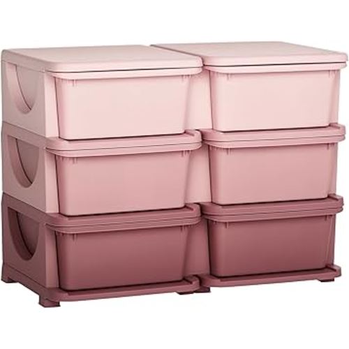 Qaba 3 Tier Kids Storage Unit, 6 Drawer Chest Toy Organizer Plastic Bins for Kids Bedroom Nursery Kindergarten Living Room for Boys Girls Toddlers, Pink