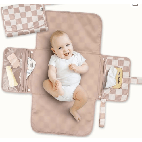 Tiny Twinkle Portable Diaper Changing Pad | Waterproof, Wipeable & Compact Baby Changing Pad for Travel | Smart Wipes Pocket & Organized Storage| Newborn Shower Gift (Beige Checkers)