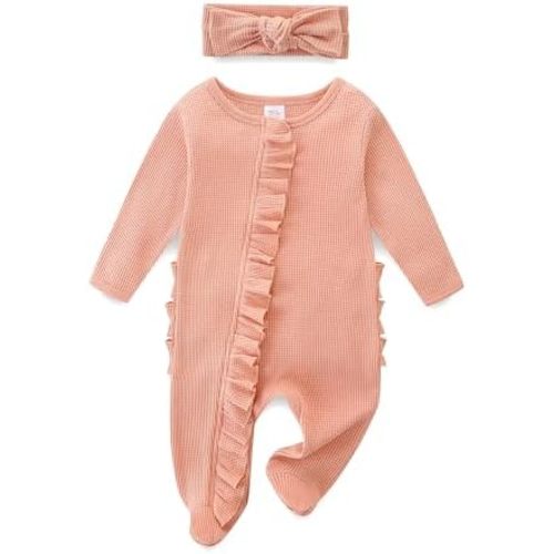 Newborn Baby Girl Ruffle Footie Romper Fall Winter Spring Coming Home Outfit One-piece Knit Jumpsuit with Bow Headband