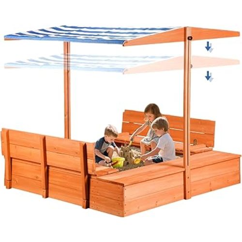 Kids Wooden Outdoor Sandbox with Cover,Sand Boxes with Canopy and Foldable Storage Bench Seats, Sand Table with Protection Bottom Liner,Kids Play Equipment for Outdoor(47X47Inch)