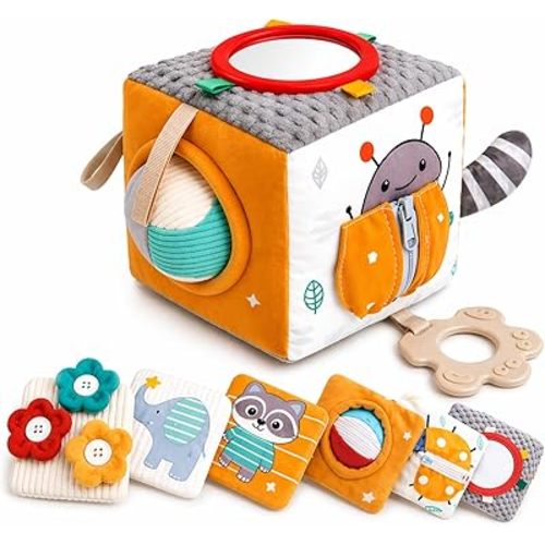 Baby Activity Cube Toy 8-in-1 for Babies 6-12 Months | Montessori Sensory Cube with Mirror, Teether, Crinkle Textures & Fine Motor Activities | Soft Busy Cube Toy for Toddler