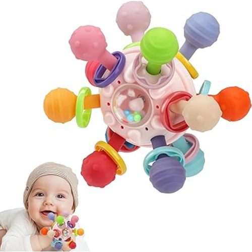 Baby Teething Toys, Baby Teethers Montessori Sensory Toys for 0-6 6-12 Months, Gifts for 1 Year Old Boys Girls Infant Newborn 0 3 6 9 12 18 Months Toys, Pink
