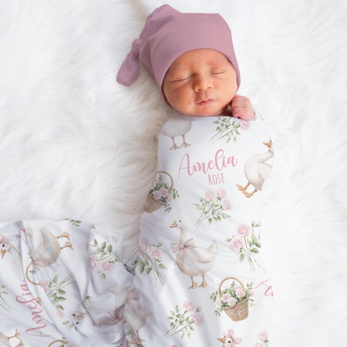 Personalized Silly Goose Swaddle Blanket For Baby Shower, Custom Pink Roses Newborn Baby Girl Gift, Toddler Name Blanket, Coming Home Outfit