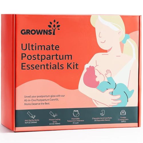 Grownsy 15pc Postpartum Essentials Recovery Kit | Postpartum Kit for Women | Includes 5 Postpartum Pads, 5 Disposable Underwear, 2 Ice Packs, Peri Bottle, Perineal Spray & 28 Cooling Pad Liners
