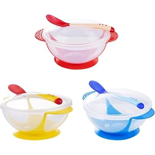 Berry President Baby Bowls with Suction Base, Spill-Proof Lid, Temperature-Sensing Spoon, Binaural Design Bowl for Babies Kids children Toddlers, First Stage Self Feeding (Pack of 3)