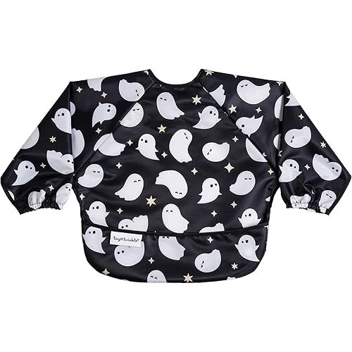 Tiny Twinkle Mess Proof Baby Bib,Waterproof Smock Baby Bib for Eating,Machine Washable Long Sleeve Bib,Baby Led Weaning,Toddler Bib,BLW Supplies (Ghosts, Small 6-24 Months)