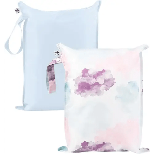 Tiny Twinkle Mess Proof Wet Bags | 2-Pack Reusable Waterproof Wet Bags for Swimsuits | Baby Clothes | Travel & Diaper Bag (Cotton Candy)