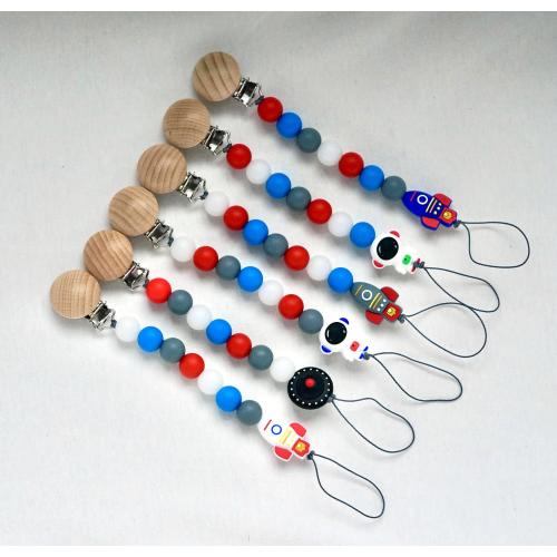 Space Pacifier Clip: Beechwood & Silicone, Astronaut, Rocket, UFO