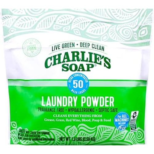 Charlie’s Soap Laundry Powder (50 Loads, 1 Pack) Hypoallergenic Deep Cleaning Washing Powder Detergent – Eco-Friendly, Safe, and Effective