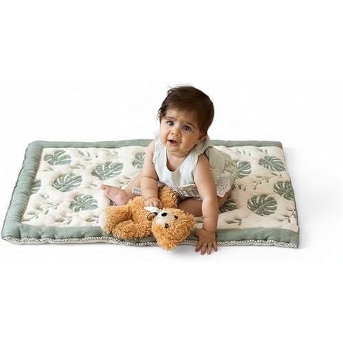 Organic Baby Changing Mat 20x33 Inch – OCS Certified Turkish Cotton Quilted Diaper Pad – Reversible, Soft, Washable Portable Mat for Newborn Travel – Monstera Leaf Green Beige