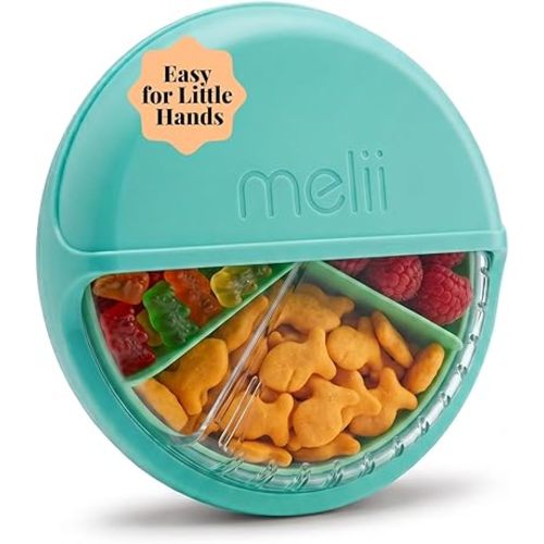 melii Spin Snack Container | 3-Compartment Rotating Snack Box with Sliding Window, BPA-Free, Dishwasher Safe, Portable Snack Container for Kids Ages 3+ (Blue)
