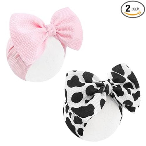 2Pcs Moo Cow Print 7’’ Hair Bows for Baby Girls Cowgirl Accessories Infant Toddler Baby Girl Headbands Pink Bow Hair Wrap
