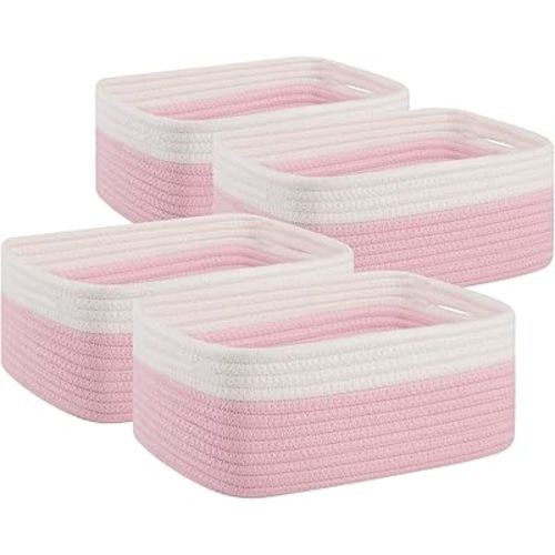 OIAHOMY 4 Pack Storage Baskets for Organizing, Small Bins for Shelves, Cute Decorative Storage Bins, Organizer Baskets for Gifts Empty, 11.8''Lx7.8''Wx4.7''H, Pink/White