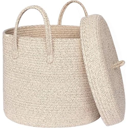 15”x13” Storage Basket with Lid, Blanket Storage for Living Room, Woven Cotton Rope Bin with Cover, Kids Dog Toy Box, Baby Laundry Basket with Lid, Covered Blankets Pillows Holder, Brown