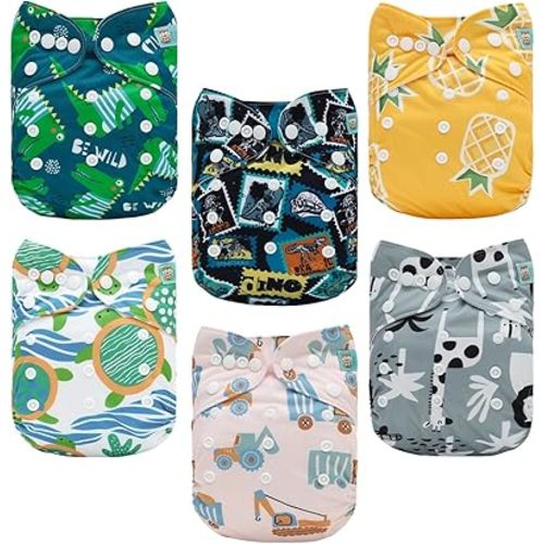 ALVABABY Baby Cloth Diaper 6 Pack with 12 Inserts One Size Cloth Diaper Covers Adjustable Washable Reusable for Baby Girls and Boys