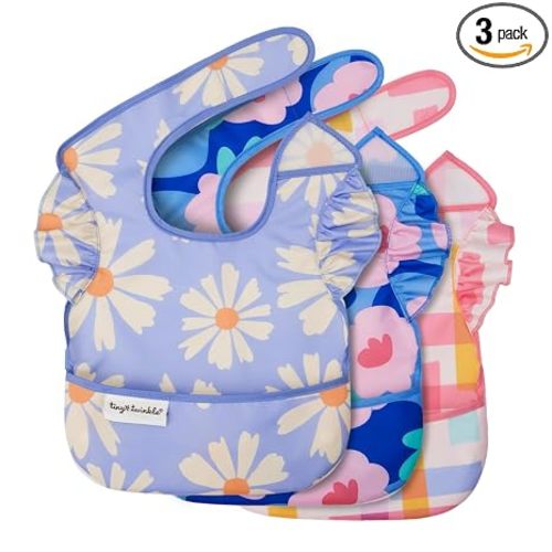 Tiny Twinkle Mess-Proof Baby Bibs for Eating | Waterproof, Wipeable Toddler Bibs with Catch-All Pocket | Feeding Bibs for Girls & Boys (3 Pack, Daisies, Blue Floral, Playful)
