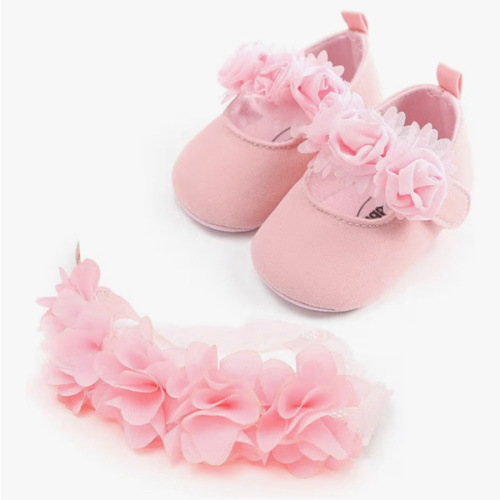 2pcs/Set Newborn Baby Girl Princess Mary Jane Shoes Toddler Infant Wedding Dress Flat Shoes with Free Headband
